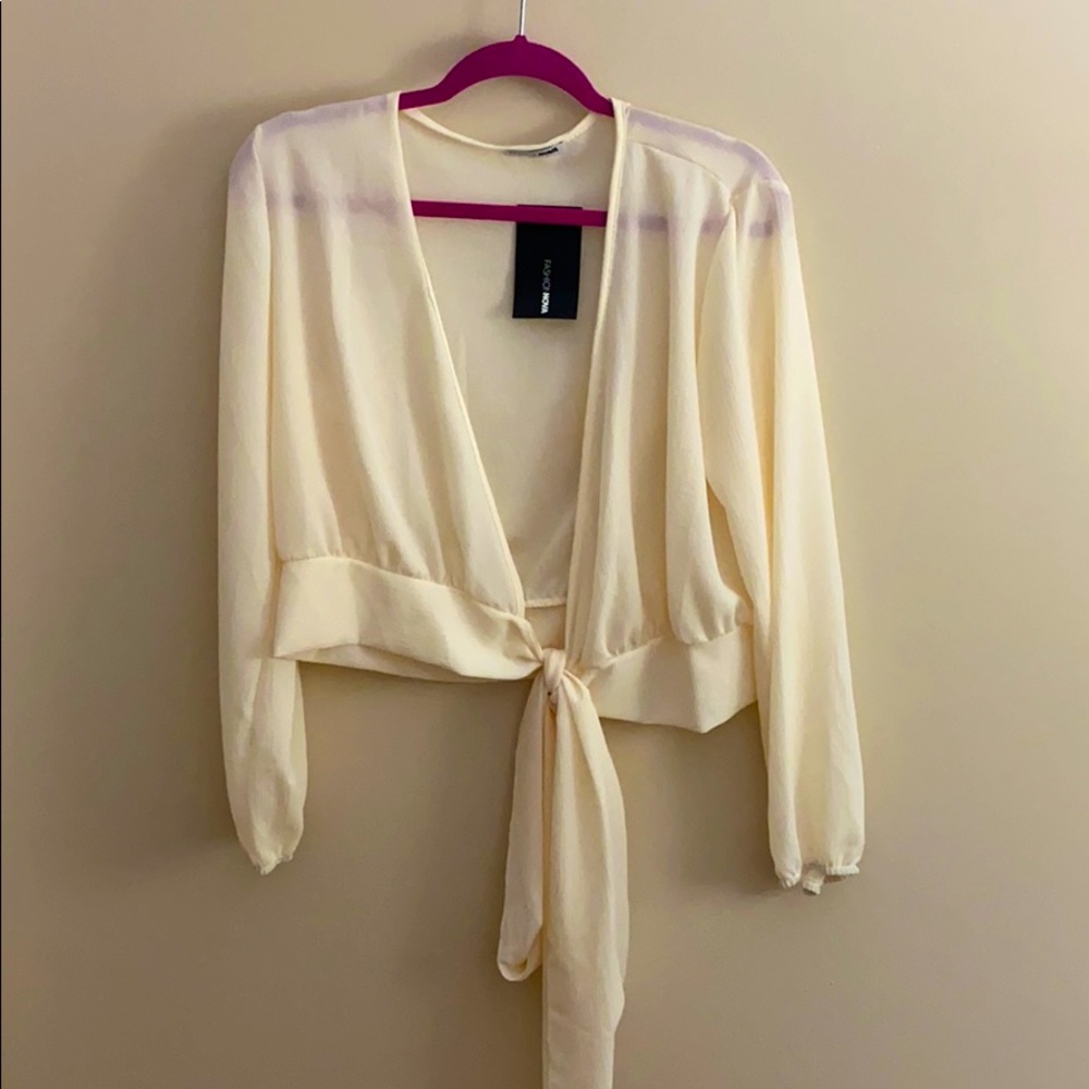 Cream wrap crop top with long sleeves